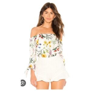 Bailey 44 Floral Print Blouse Off Shoulder Tie Sleeve‎ White Top Small